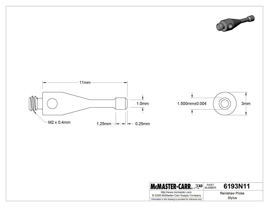 Technical Drawing of Renishaw Probe Stylus, Cylindrical, Number A-5004-7589, 1.5mm Diameter Steel End.